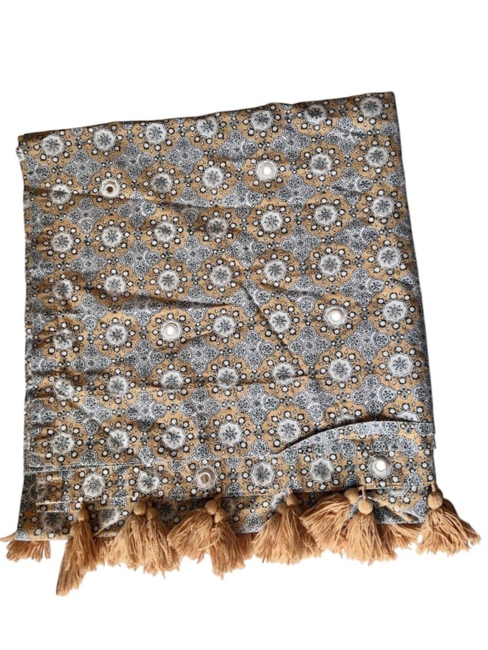 John Robshaw Shower Curtain Mirrors Tassels 72x72 Tan White Black Boho Indie